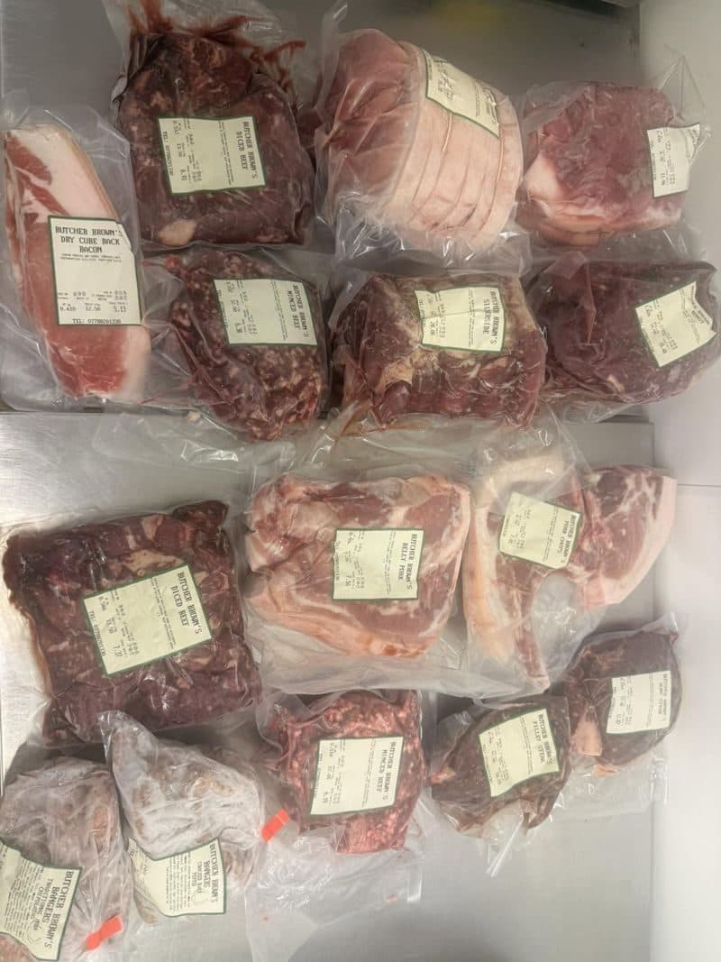 Vacuum packed beef, pork and dry cured bacon